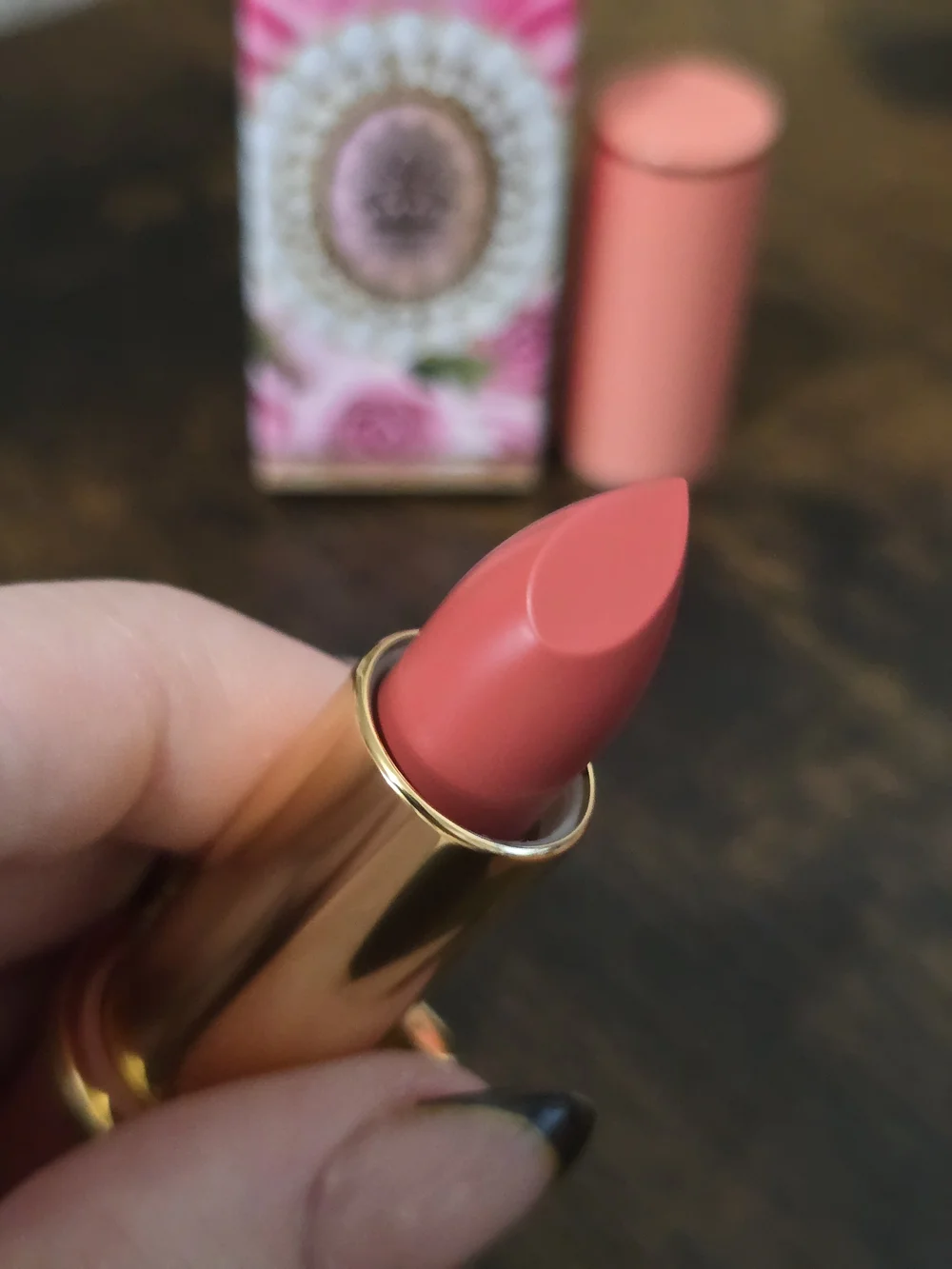 Petallicia Bright Coral Pink Lipstick with Gold Bow Accent